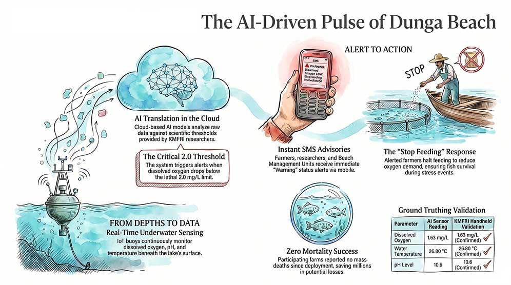 Infographic showing the pulse of the AI early warning system in operation at Dunga Beach, in Kisumu.