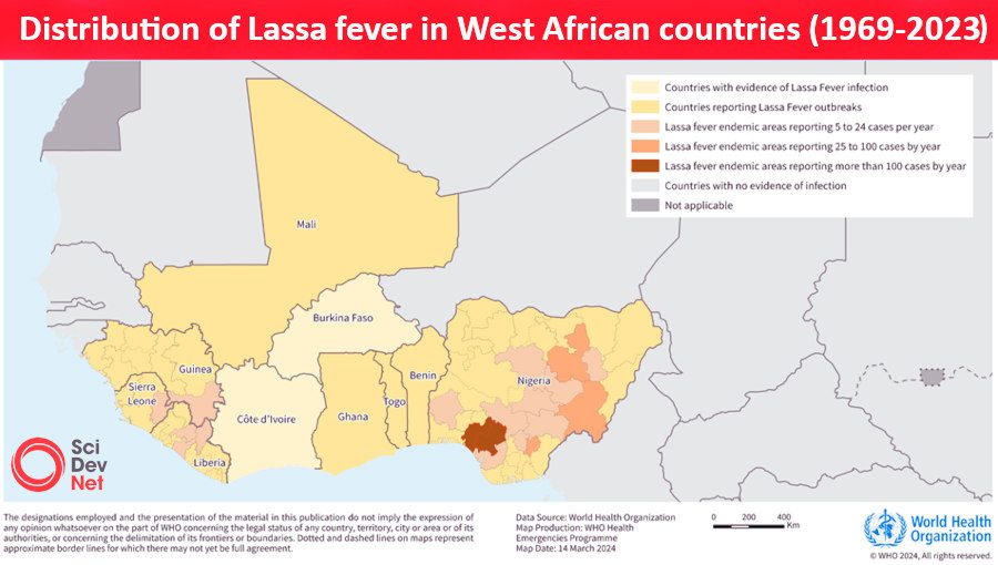 Map showing spread of Lassa fever in West Africa (1969-2023)