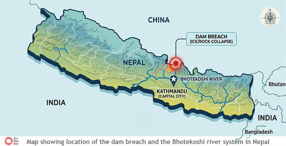 Map showing location of dam breach area and Nepal's river systems