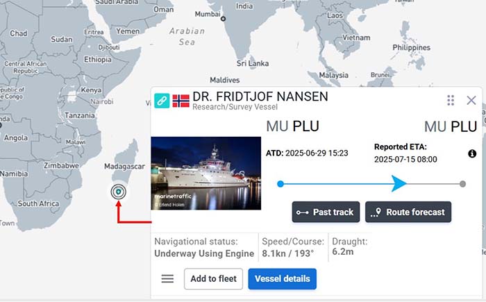 The research vessel Dr. Fridtjof Nansen was scheduled to carry out a month-long marine survey in Sri Lankan waters this July. However, as of 8 July, it is seen in the waters off Madagascar, having altered its course due to delays in receiving timely approval from Sri Lankan authorities. Image courtesy: MarineTraffic.com