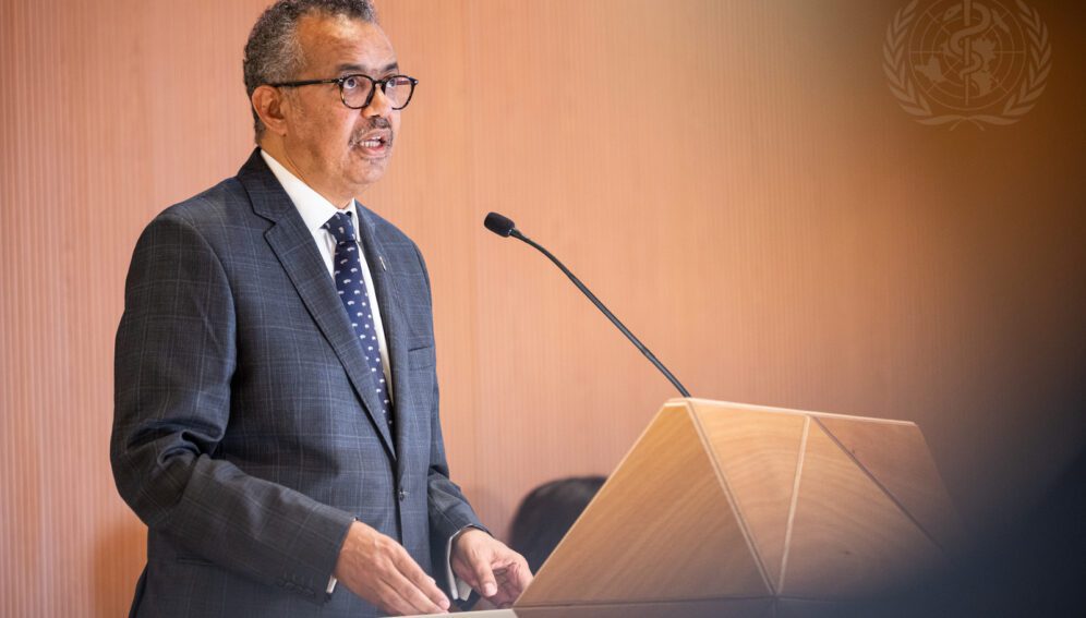 The high-level welcome to the 76th World Health Assembly at the Palais des Nations in Geneva, Switzerland, on 21 May 2023. Pictured here: WHO Director-General Dr Tedros Adhanom Ghebreyesus gives opening remarks. Related: https://www.who.int/about/governance/world-health-assembly/seventy-sixth-world-health-assembly