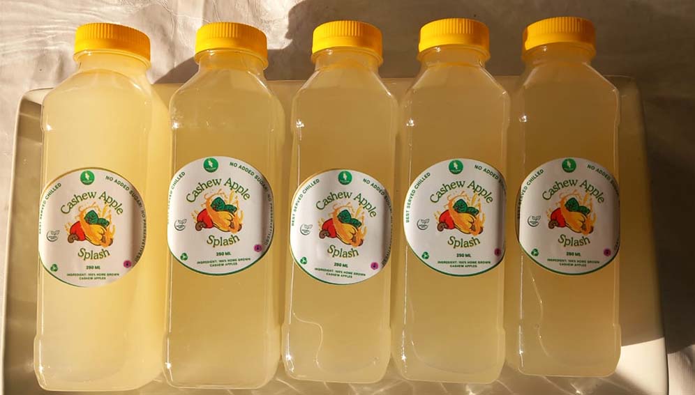 Bottled juice made from the fleshy part of the cashew fruit