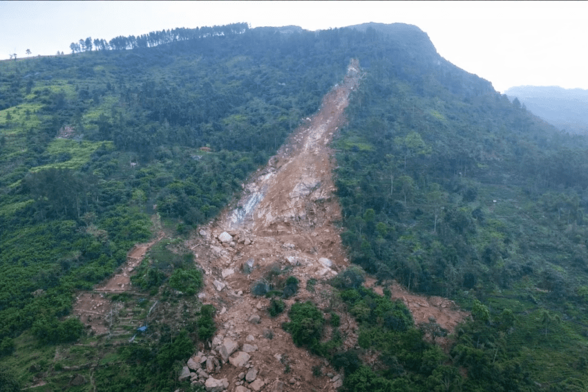 Landslides triggered by Cyclone Ditwah brought down soil and boulders, burying several villages in Sri Lanka. Copyright: Aerial Vids SL Drona