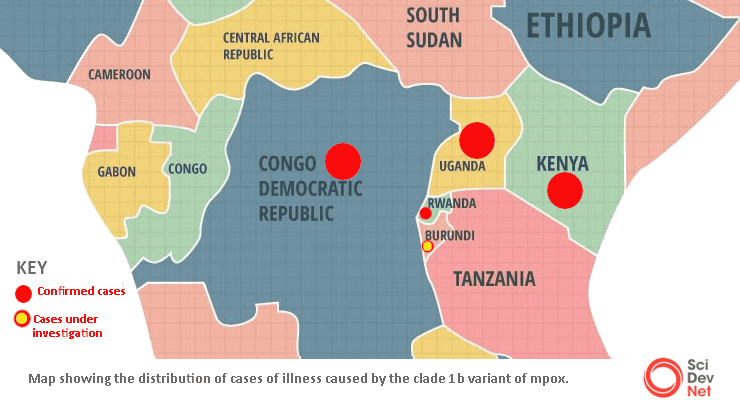 Map showing the distribution of cases of illness caused by the clade 1b variant of mpox. 